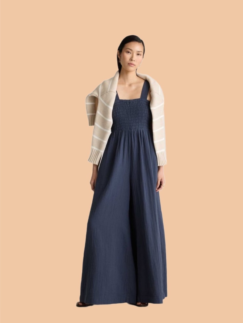 Quince Navy Smocked Wide-Leg Jumpsuit